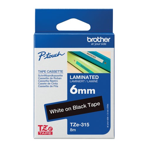 Brother P-Touch TZe Lam Tape Cassette 6mm x 8m White on Black Tape TZE315