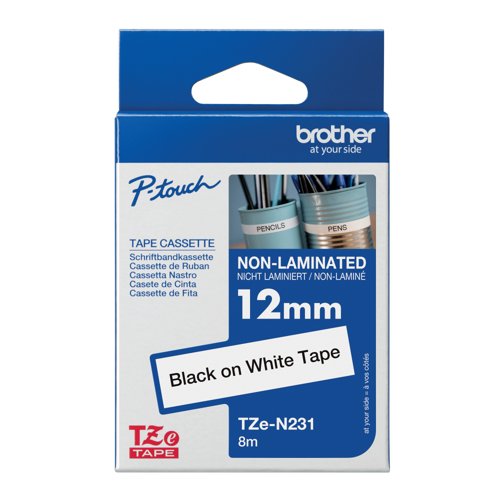 Brother P-Touch TZe Non-Lam Tape Cassette 12mm x 8m Black on White Tape TZEN231