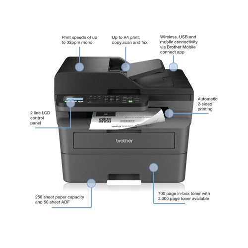 Brother MFC-L2800DW A4 4-in-1 Wireless Mono Laser Printer MFCL2800DWZU1