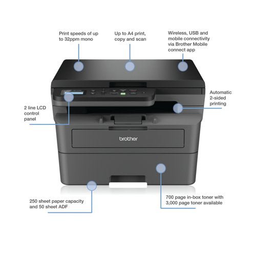 Brother DCP-L2620DW A4 3-in-1 Wireless Mono Laser Printer DCPL2620DWZU1