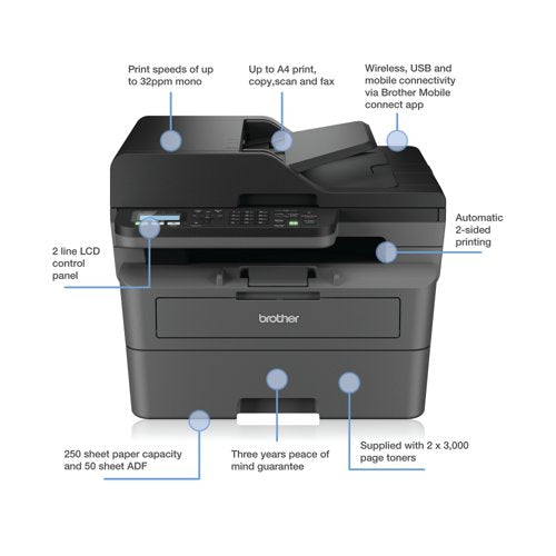 Brother MFC-L2827DWXL A4 4-in-1 Wireless Mono Laser Printer MFCL2827DWXLZU1