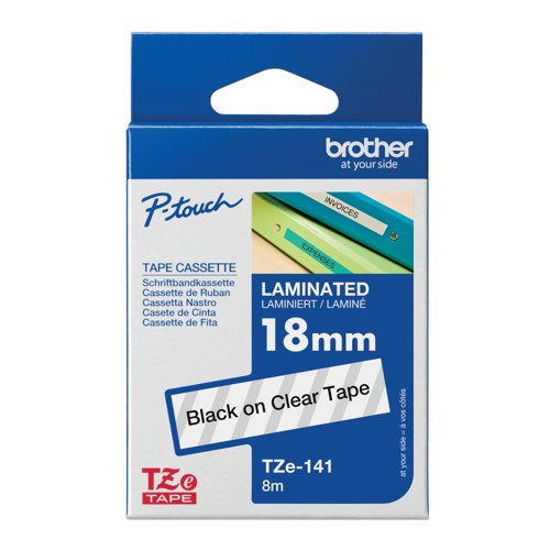 Brother P-Touch TZe Lam Tape Cassette 18mm x 8m Black on Clear Tape TZE141