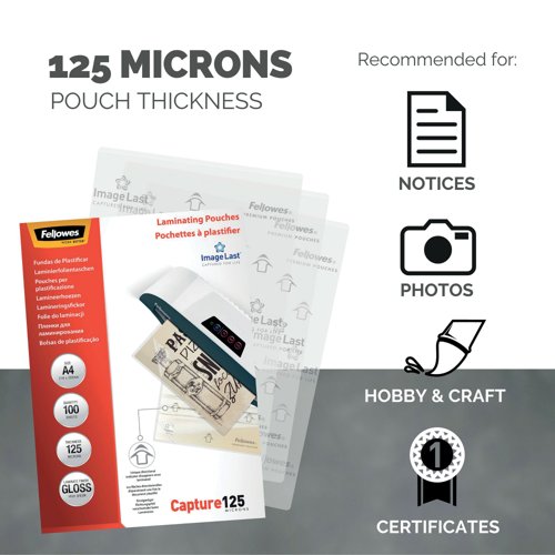 Fellowes Capture125 Laminating Pouch A4 250 Micron Total Thickness Gloss (Pack of 100) 5307401