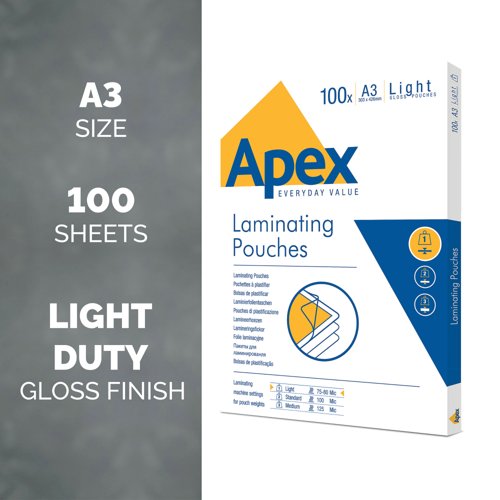 Fellowes Apex A3 Light Duty Laminating Pouches Clear (Pack of 100) 6001901