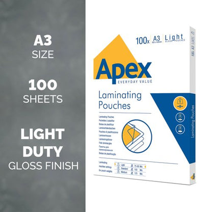 Fellowes Apex A3 Light Duty Laminating Pouches Clear (Pack of 100) 6001901