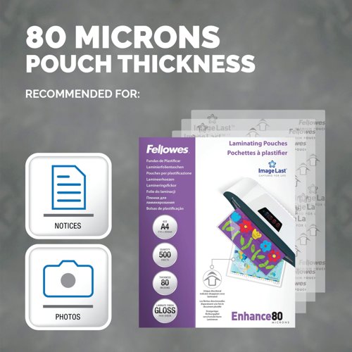 Fellowes Laminating Pouches 160 Micron Total Thickness Gloss A4 (Pack of 500) 100142462