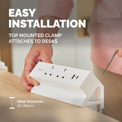 Fellowes Power Desk 2 Type G UK/IE 2 Sockets 1 USB-A + 1 USB-C Port White 100137181