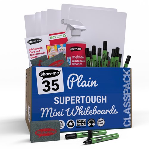 Show-me SUPERTOUGH A4 Whiteboards Plain/Plain Classpack (35 boards pens and erasers + Free clean