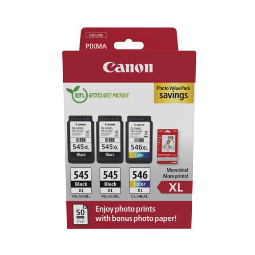 Canon PG-545XL x 2/CL-546XL Ink Cartridges High Yield K/CMY + 4x6 in Photo Paper Value Pack 8286