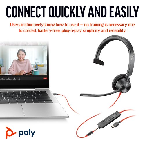 Poly Blackwire 3315 Monaural MS USB-C/A +3.5mm Headset 8X218AA