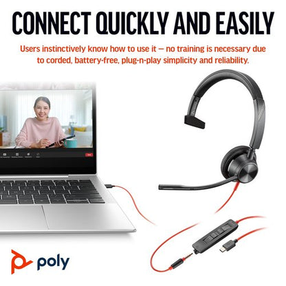 Poly Blackwire 3315 Monaural MS USB-C/A +3.5mm Headset 8X218AA