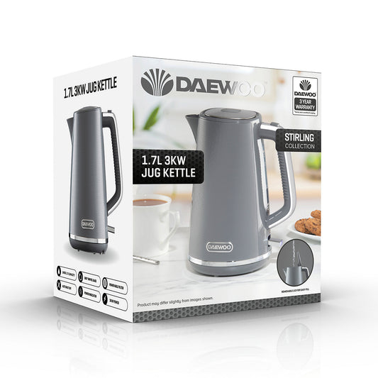 Daewoo Stirling Jug Kettle 1.7L Cordless Swivel Base 3KW Rapid Boil Grey