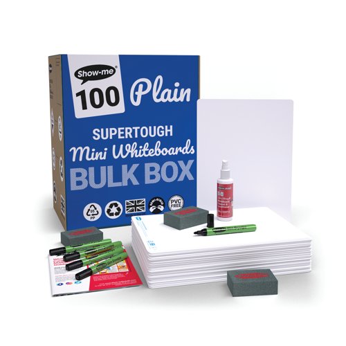 Show-me SUPERTOUGH A4 Whiteboards Plain/Plain Bulk Box (100 boards pens and erasers + Free clean