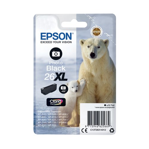 Epson 26XL Polar Bear Ink Cartridge High Yield Photo Black C13T26314012