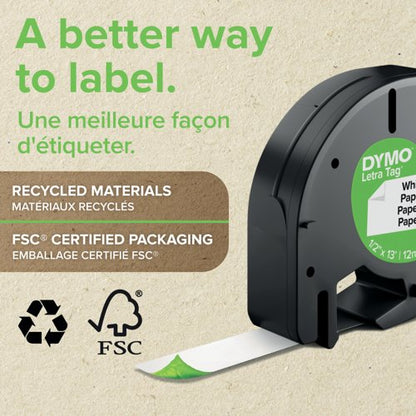 Dymo LetraTag Plastic Tape 12mm x 4m White PRL S0721660