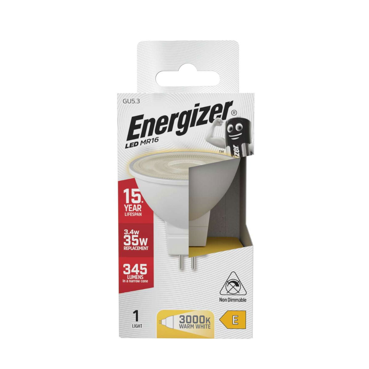 Energizer S8832 LED GU5.3 (MR16) 36 Non-Dimmable Bulb, Warm White