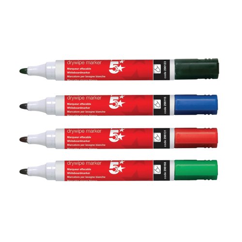 5 Star Drywipe Marker Bullet Tip Xylene/Toluene-free 3mm Line Wallet Assorted (Pack of 12) 50082