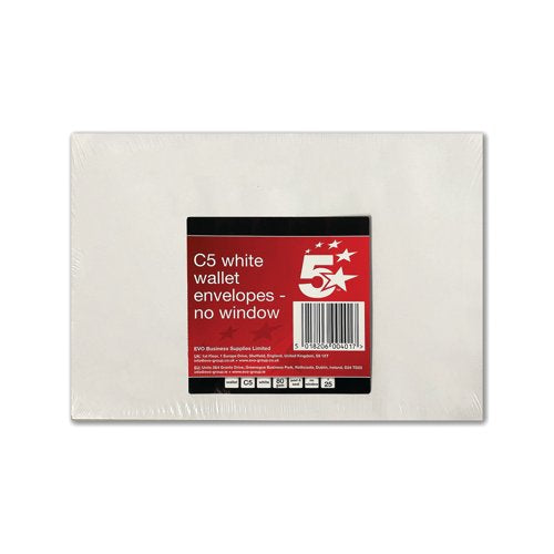 5 Star C5 Envelope Pocket Peel and Seal 80gsm White (Pack of 25) FS600401 600401
