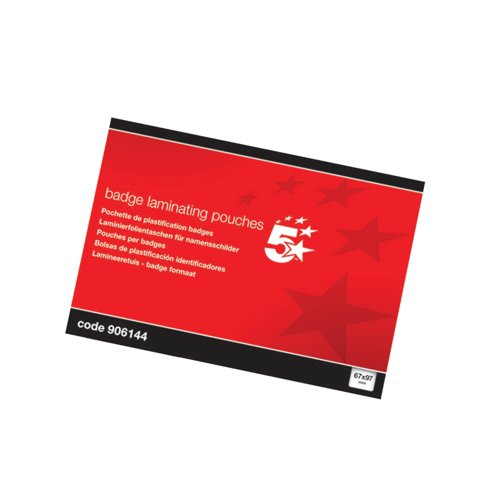 5 Star Badge Laminating Pouches 250 Micron 67x97mm Gloss (Pack of 00) 906144