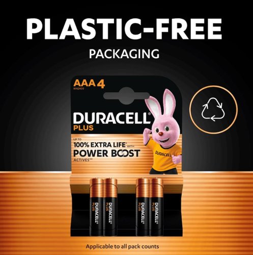 Duracell Plus AAA Battery Alkaline 100% Extra Life Power Boost (Pack of 4) 5009378+