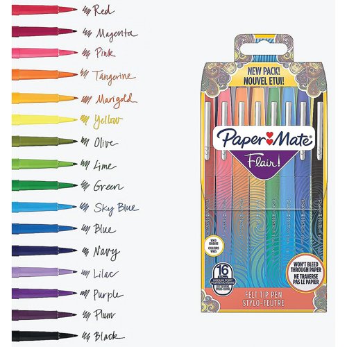 Papermate Flair Original Felt Tip Pens Assorted (Pack of 16) 2061394