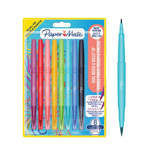 Paper Mate Flair Dual Felt Tip Brush + Medium Tip Assorted (Pack of 8) 2199386