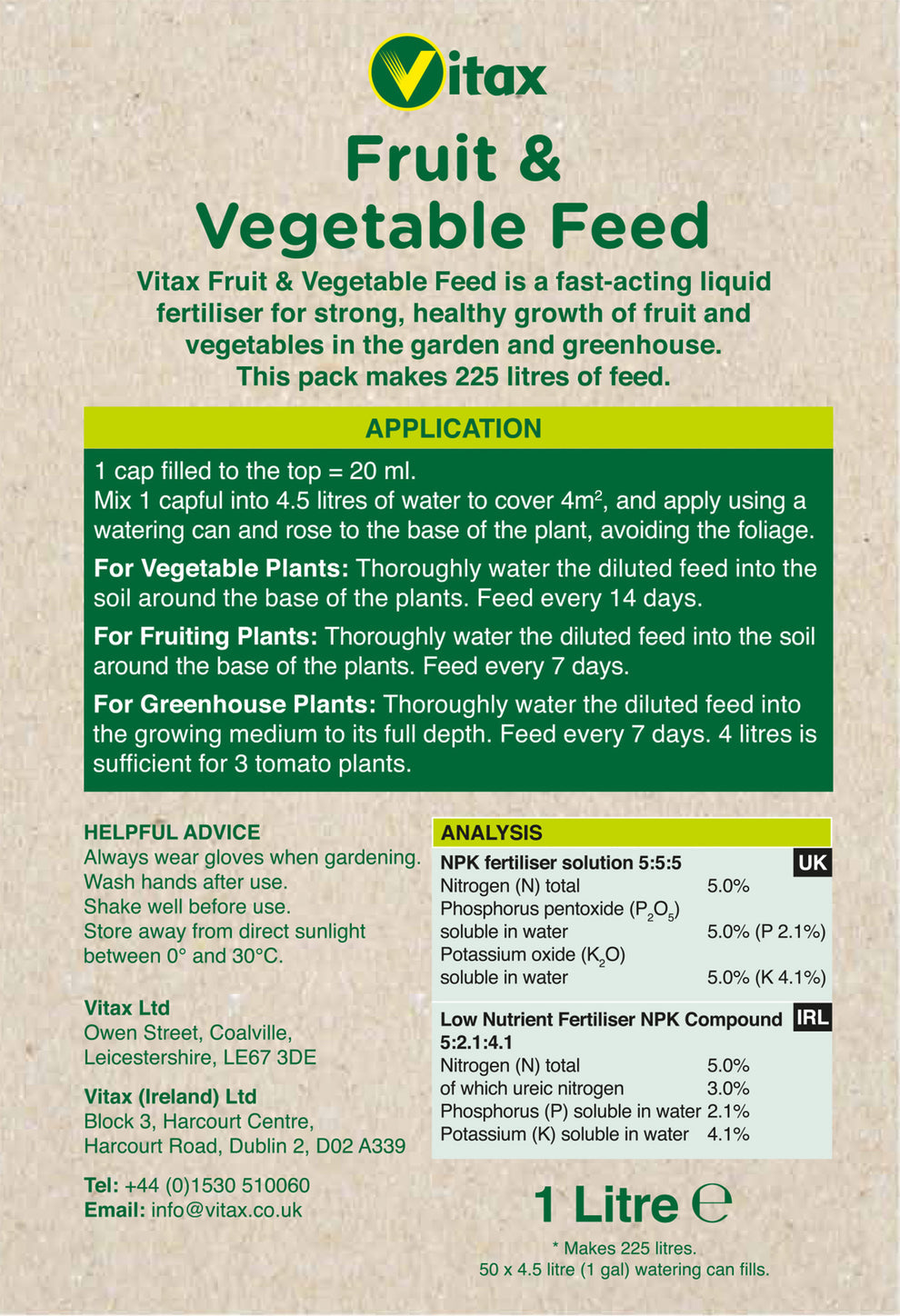 Vitax Fruit & Vegetable Feed Liquid Highly Concentrated 1 Litre = 225 Litre