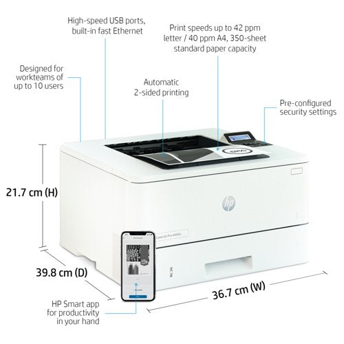 HP LaserJet Pro 4002dw A4 Wireless Mono Laser Printer 2Z606F#B19