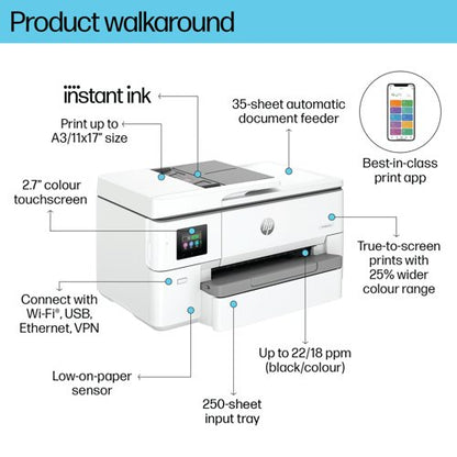 HP OfficeJet Pro 9720e A3 Wide Format 3-in-1 Wireless Colour Inkjet Printer 53N95B#687