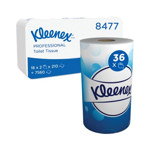 Kleenex Paper Toilet Roll 2-Ply x210 2 Rolls x18 White Pack of 36 8477