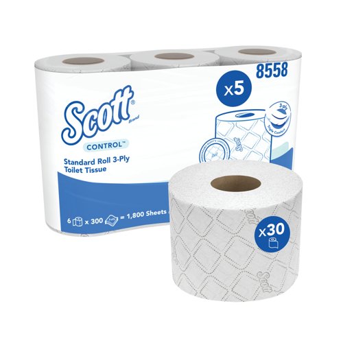 Scott Toilet Tissue 3-Ply x1800 6 Rolls x5 White Pack of 30 8558