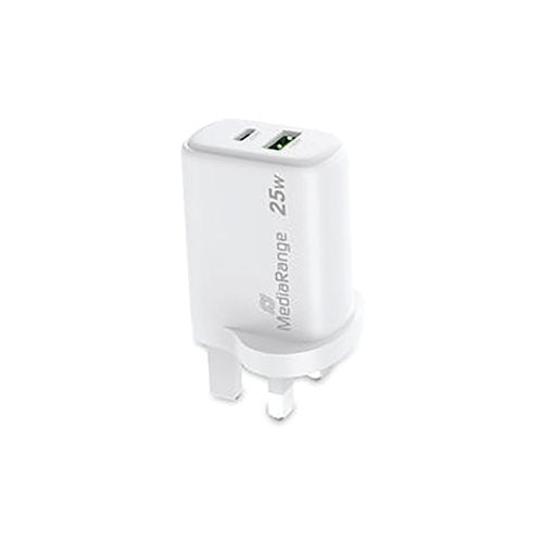 MediaRange GaN Fast Charging Adapter UK Plug 1xUSB-C and 1xUSB-A 25W White MRMA112-UK