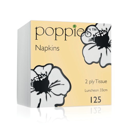 Poppies 2-Ply Tissue Napkins Luncheon 4 Fold White 33cm (Pack of 125) 3324WH