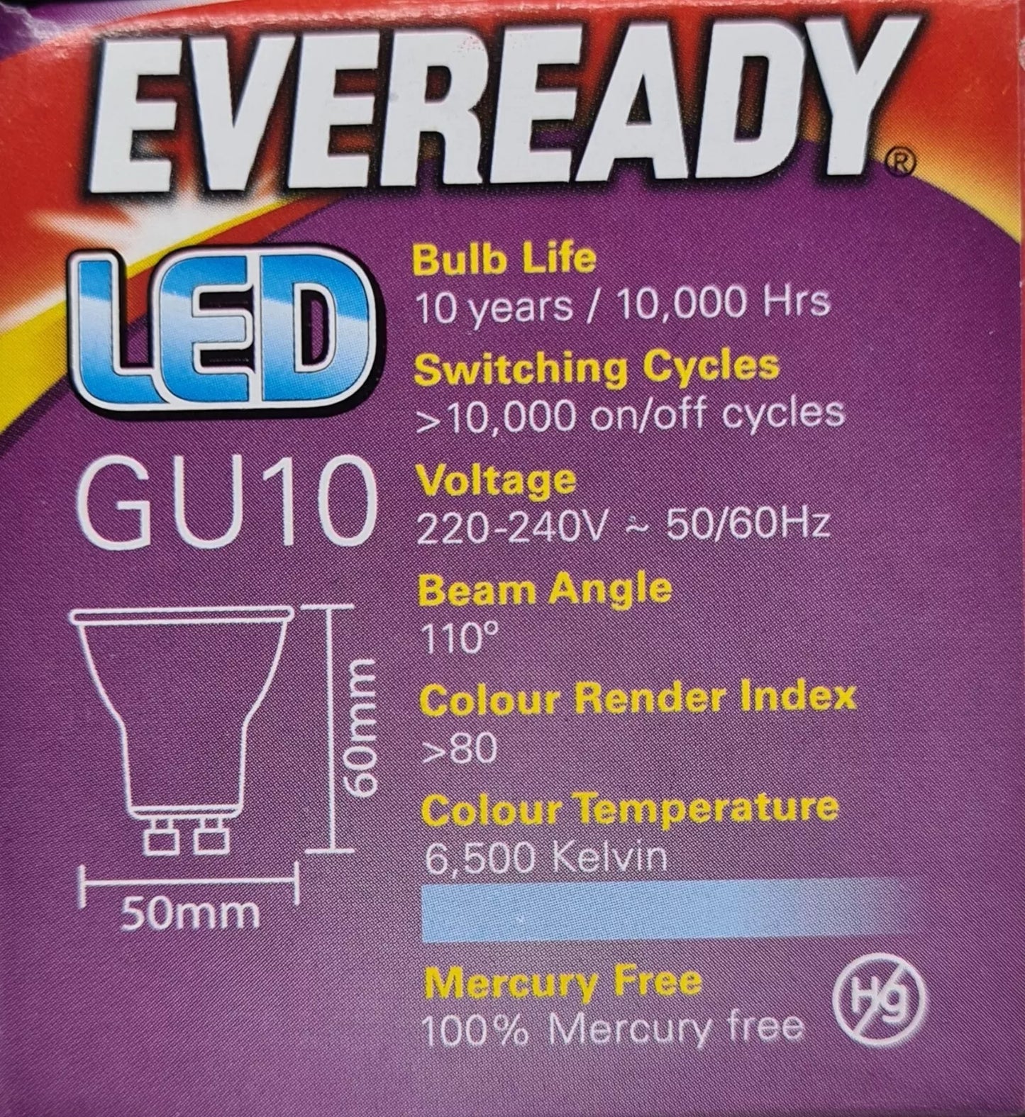 Eveready 4.7w GU10 6500k LED Bulb - Daylight 10,000 Hour Bulbs