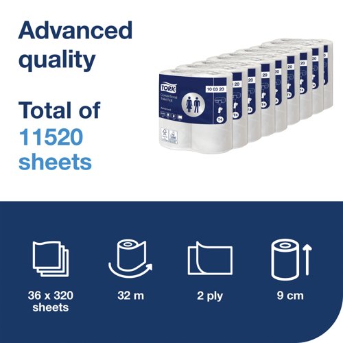 Tork T4 Conventional Toilet Paper Roll Advanced 2-Ply White 320 Sheets (Pack of 36) 100320