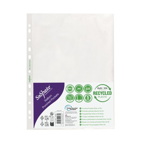 Snopake Reborn Punched Pockets A4 Polypropylene Clear (Pack of 25) 15938