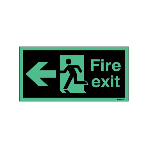 Safety Sign Niteglo Fire Exit Running Man Arrow Left 150x450mm Self-Adhesive NG27A/S
