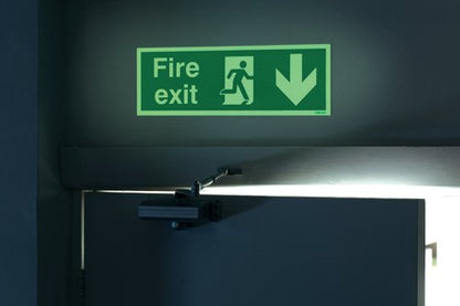 Safety Sign Niteglo Fire Exit Running Man Arrow Down Self-Adhesive 150x450mm NG28A/S
