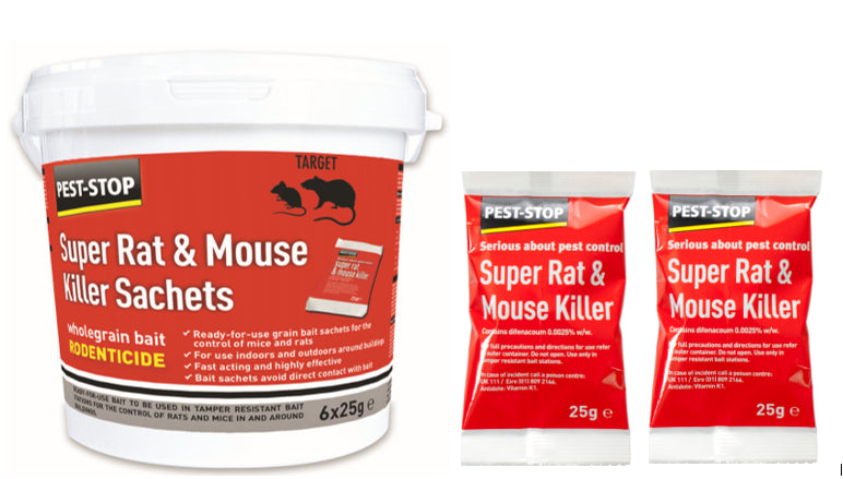Pest-Stop Super Mouse and Rat Killer Fast Poison Wholegrain Bait 6 x 25g Sachets - NWT FM SOLUTIONS