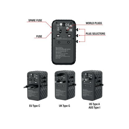 Verbatim UTA-06 GaN III Universal Travel Adapter 2x USB-C PD 100W + QC4+/2x USB-A QC 3.0 Black 32121