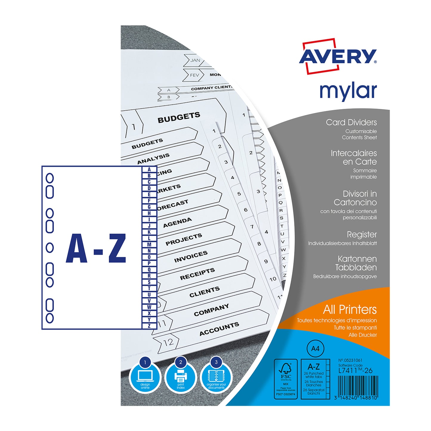 Avery Mylar Divider A-Z A4 Punched 150gsm White Card with White Mylar Tabs 05231061