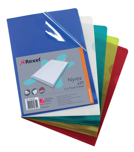 Rexel Nyrex Cut Flush Folder Polypropylene A4 110 Micron Assorted Colours (Pack 25) 12161AS - NWT FM SOLUTIONS - YOUR CATERING WHOLESALER