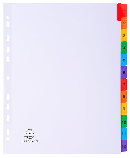 Exacompta Index 1-12 A4 Extra Wide 160gsm Card White with Coloured Plastic Tabs - 4112E