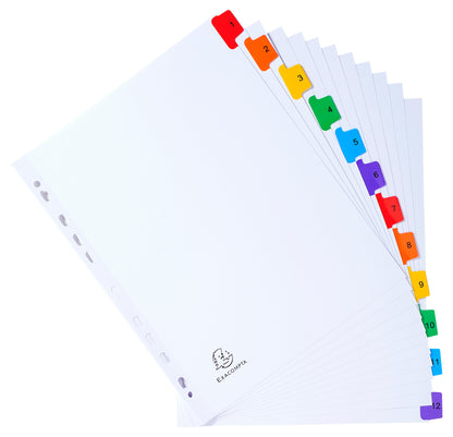 Exacompta Index 1-12 A4 Extra Wide 160gsm Card White with Coloured Plastic Tabs - 4112E