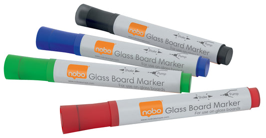 Nobo Glass Whiteboard Marker Bullet Tip 3mm Line Assorted Colours (Pack 4) 1905324 - NWT FM SOLUTIONS - YOUR CATERING WHOLESALER