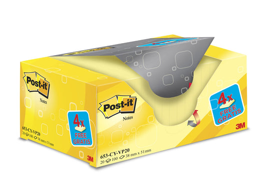 Post-it Notes 38 mm x 51 mm Canary Yellow (Pack 16 + 4 FREE) 7100172332 - NWT FM SOLUTIONS - YOUR CATERING WHOLESALER