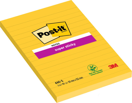 Post-it Super Sticky Notes 102x152mm Ruled 75 Sheets Ultra Yellow (Pack 6) 7100172740 - NWT FM SOLUTIONS - YOUR CATERING WHOLESALER
