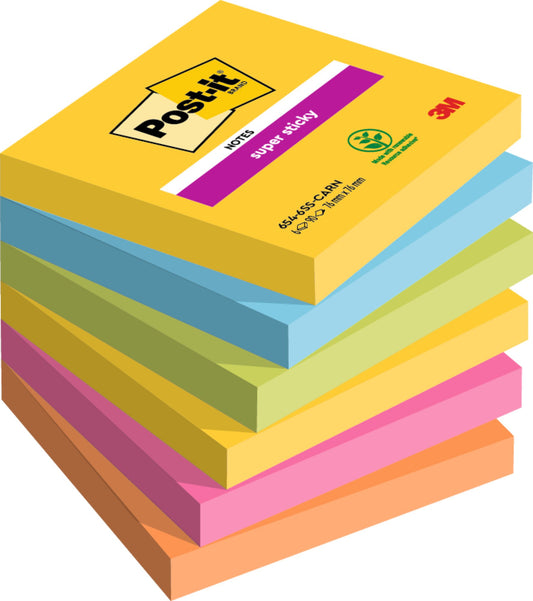 Post-it Super Sticky Notes 76x76mm 90 Sheets Carnival Colours (Pack 6) 7100147841 - NWT FM SOLUTIONS - YOUR CATERING WHOLESALER