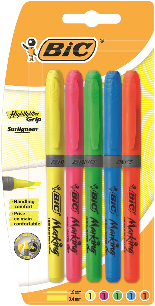Bic Grip Highlighter Pen Chisel Tip 1.6-3.3mm Line Assorted Colours (Pack 5) - 824758 - NWT FM SOLUTIONS - YOUR CATERING WHOLESALER