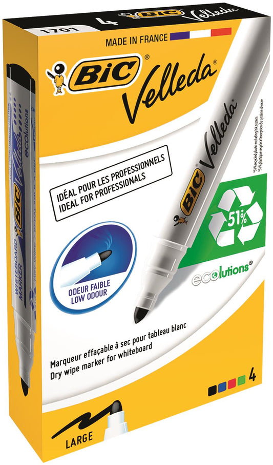 Bic Velleda 1701 Whiteboard Marker Bullet Tip 1.5mm Line Assorted Colours (Pack 4) - 904941 - NWT FM SOLUTIONS - YOUR CATERING WHOLESALER